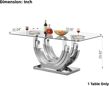 Luxury Silver Glass Dining Table for 6-8 Modern 70" Rectangular Kitchen & Dining Room Table with Stainless Steel Base Large Clear Glass Top Dining Table for Home Office