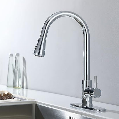 Keer Polished Chrome Single Handle Pull Down Kitchen Faucet with Soap Dispenser, 3 Modes Sprayer, Easy Assembly, Single Handle High Arc Stainless Steel Faucet