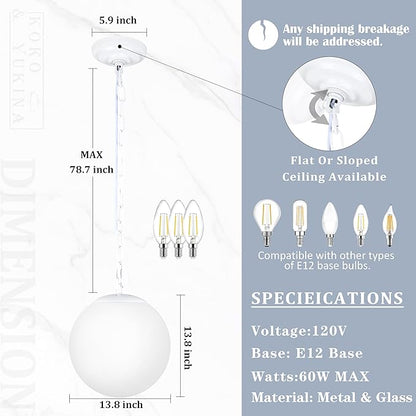 KoKo&Yukina 14 Inch Globe Pendant Light Adjustable White Globe Pendant Lights Kitchen Island Mid Century Light Fixture with Milky White Glass Shade for Living Room