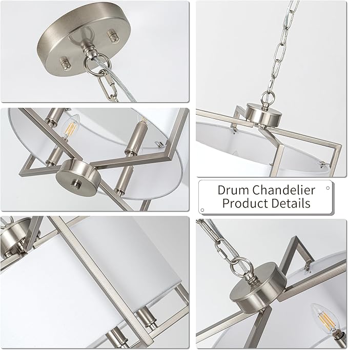 Modern Drum Chandelier for Dining Room, 4 Light Adjustable Rustic White Fabric Drum Chandeliers, Brushed Nickel Farmhouse Lights Hanging Light Fixture for Bedroom Living Room Hallway