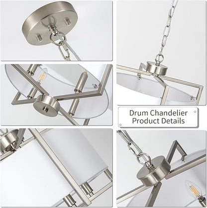 Modern Drum Chandelier for Dining Room, 4 Light Adjustable Rustic White Fabric Drum Chandeliers, Brushed Nickel Farmhouse Lights Hanging Light Fixture for Bedroom Living Room Hallway