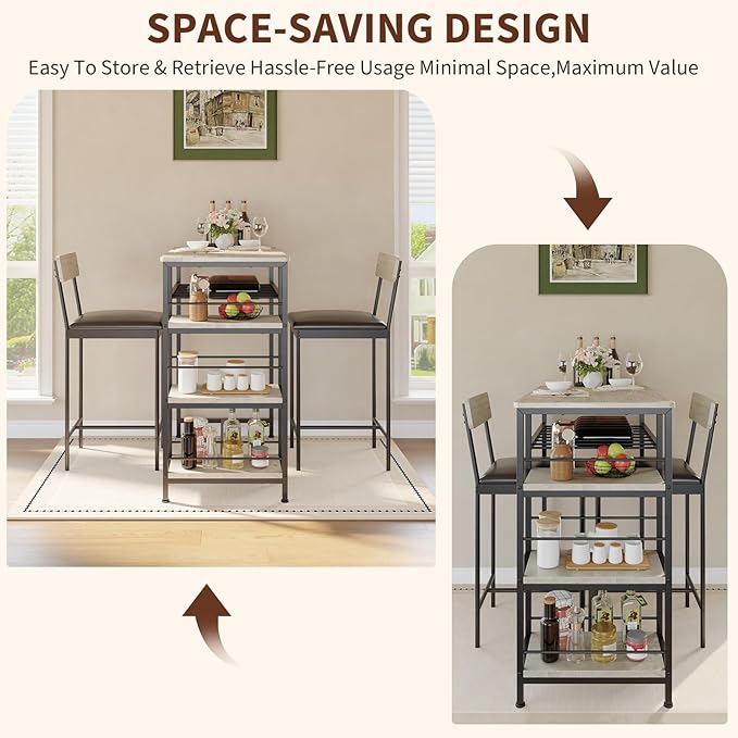 3-Piece Modern Dining Set, Dining Table Set with 2 Upholstered Bar Stools,Bar Table Set w/ Metal Frame&Built-in Wine Rack for Kitchen Dining Room Apartment Breakfast Nook 36"L x 16.7"W x 37.2"H Gray