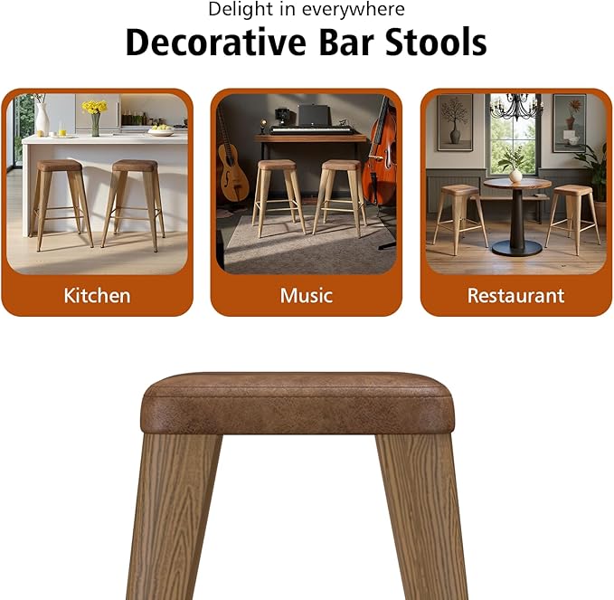 Backless Bar Stools Set of 4, Upholstered Faux Leather Counter Height Stools with Sturdy Metal Legs, 30 Inch Barstools for Kitchen Island (Walnut)