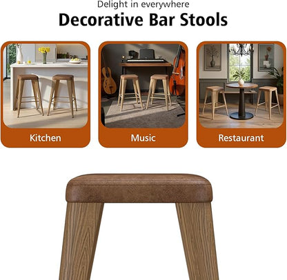 Backless Bar Stools Set of 4, Upholstered Faux Leather Counter Height Stools with Sturdy Metal Legs, 30 Inch Barstools for Kitchen Island (Walnut)
