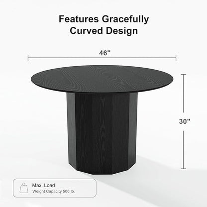 Casaphoria 46" Round Dining Table, Modern Wood Kitchen Table with Cylinder Polygonal Base for Living Room & Dining Room, Easy Assembly Farmhouse Furniture for 4-6, Black