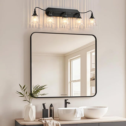 LmnLvn Bathroom Vanity Black Vintage Light Fixture, 5 Lights Bathroom Lighting Matte Antique Brass Finish with Crystal Glass Shade, Black Vintage Vanity Light