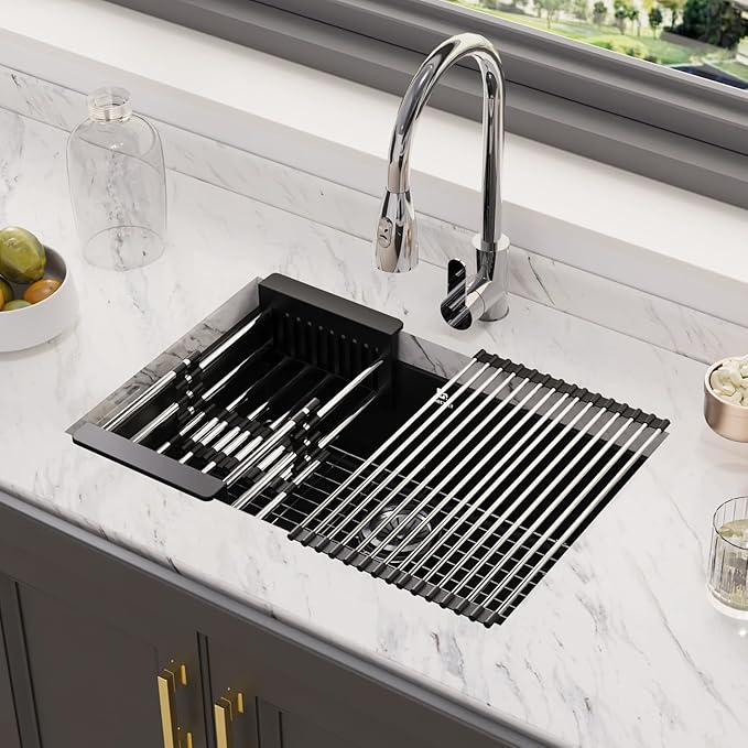 20-inch Granite Composite Kitchen Sink, GABETLET Undermount Quartz Kitchen Sinks with Spacious Workspace and Easy Cleaning, Black Single Bowl Deep Sink with Complete Accessories