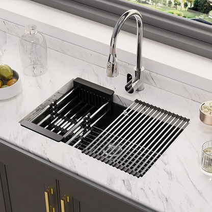 23-inch Granite Composite Kitchen Sink, GABETLET Undermount Quartz Kitchen Sinks with Spacious Workspace and Easy Cleaning, Black Single Bowl Deep Sink with Complete Accessories