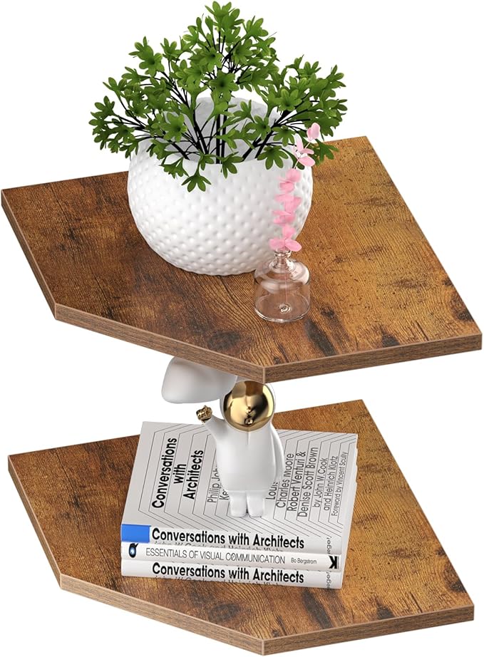 JJL Corner Wall Shelf, 10.4 Inch Wooden Corner Shelves, Set of 2 Floating Shelf for Wall Storage, Wall Mount Corner Shelves for Room Decoration, Rust Brown