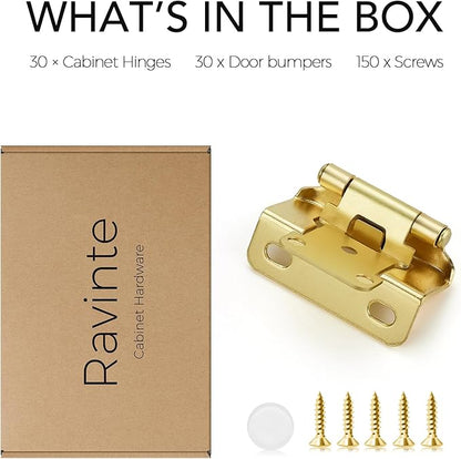 Ravinte 30 Pack 15 Pairs Semi-Overlay 1/2 inch Self-Closing Face Frame Cabinet Hinges Gold Half Wrap-Around Kitchen Cabinet Door Hinges Face Mount Cabinet Hardware