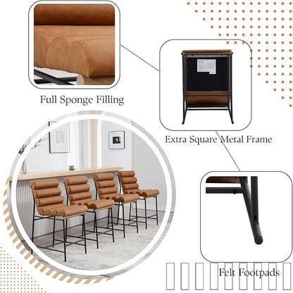 Brown Pu Leather Bar stools Set of 2, 25” Modern Upholstered Counter stools with Black Metal Legs, Armless Counter Height Chairs with Channel Tufted Back for Kitchen Island Home Pub