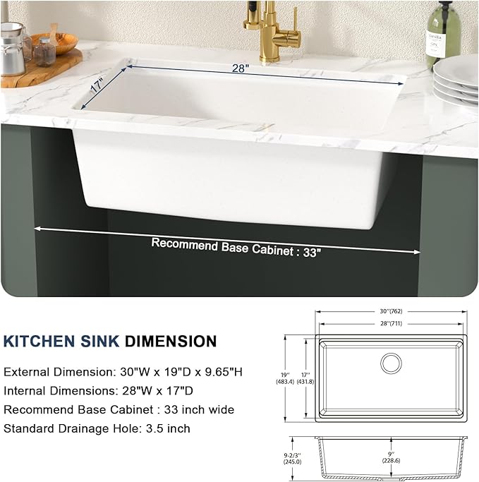 Lordear 30 Inch White Kitchen Sink Granite Composite Undermount Kitchen Sink Workstation 30x19 White Quartz Sinks Under Counter Single Bowl with Classic Gold Accessories