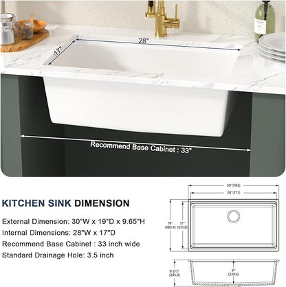 Lordear 30 Inch White Kitchen Sink Granite Composite Undermount Kitchen Sink Workstation 30x19 White Quartz Sinks Under Counter Single Bowl with Classic Gold Accessories