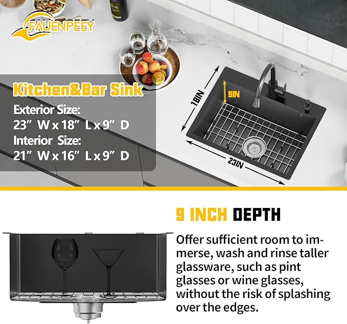Black 23x18 Inch Drop In Kitchen Sink-Stainless Steel Single Bowl Topmount Kitchen Sink Stylish And Modern Look With Bottom Grid,Silicon Mat And Drain Assembly Add Elegance & Enhance Usability