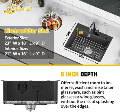 Black 23x18 Inch Drop In Kitchen Sink-Stainless Steel Single Bowl Topmount Kitchen Sink Stylish And Modern Look With Bottom Grid,Silicon Mat And Drain Assembly Add Elegance & Enhance Usability