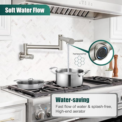 Heyalan Pot Filler 19 Inch Wall Mount Folding Stretchable Kitchen Restaurant Faucet Stainless Steel Pot Filler Double Joint Swing Arm Two Handles Commercial NPT,Straight Handle,Brushed Nickel