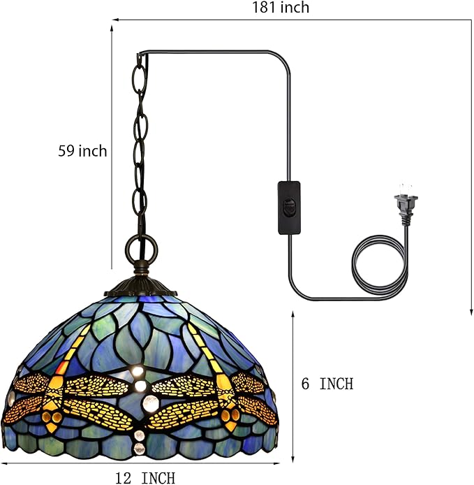 Tiffany Pendant Light Plug-in Stained Glass Hanging Lamp 12”x12”x181” Blue Dragonfly Swag Light Vintage Lamp Decorative Lighting for Dining Room Living Room Kitchen Hallway Bedroom