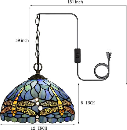 Tiffany Pendant Light Plug-in Stained Glass Hanging Lamp 12”x12”x181” Blue Dragonfly Swag Light Vintage Lamp Decorative Lighting for Dining Room Living Room Kitchen Hallway Bedroom