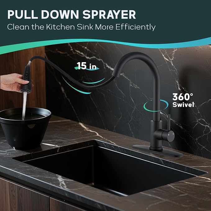 Matte Black Kitchen Faucets with Pull Down Sprayer, Single Handle High Arc Stainless Steel Kitchen Sink Faucet with Pull Out Sprayer,Suitable for Farmhouse Camper Laundry Rv Bar