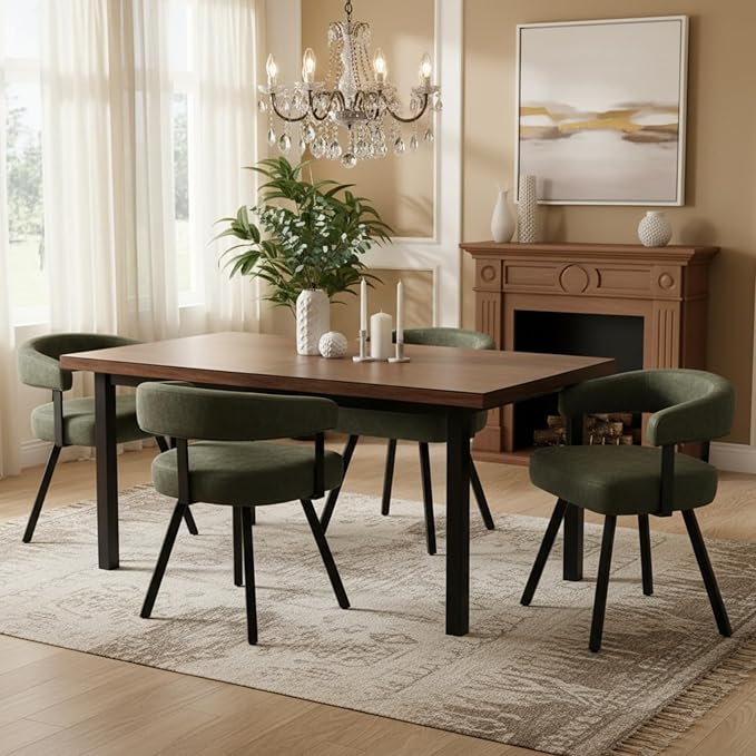 Modern Barrel Dining Chairs Set of 4, Green PU Leather Upholstered Dining Room Chairs with Arms, Comfy Kitchen Chairs with Black Metal Legs for Dinner Living Room