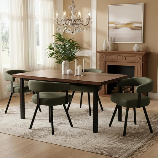 Modern Barrel Dining Chairs Set of 4, Green PU Leather Upholstered Dining Room Chairs with Arms, Comfy Kitchen Chairs with Black Metal Legs for Dinner Living Room