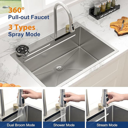 Sarlai 28 Inch Waterfall Kitchen Sink Drop In - 28x22 Waterfall Drop Workstation Stainless Steel 16 Gauge Multifunction Single Bowl Smart Top Mount Kitchen Sink with Faucet Combo