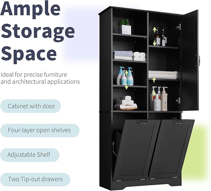 68" Tall Bathroom Storage Cabinet with One Door and Two Laundry Hampers for Home Display Organizer, Adjustable Shelf, Black