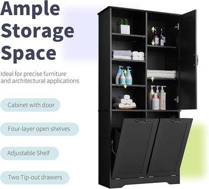 68" Tall Bathroom Storage Cabinet with One Door and Two Laundry Hampers for Home Display Organizer, Adjustable Shelf, Black