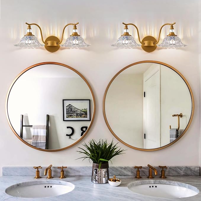 Vintage Bathroom Vanity Light Fixtures - 2 Light Iridescent Flower Glass Antique Brass Bathroom Lights Fixture Over Mirror,Retro Brushed Gold Bronze Wall-Mounted Vanity Lighting for Powder Room