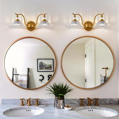 Vintage Bathroom Vanity Light Fixtures - 2 Light Iridescent Flower Glass Antique Brass Bathroom Lights Fixture Over Mirror,Retro Brushed Gold Bronze Wall-Mounted Vanity Lighting for Powder Room