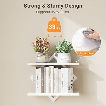 ELYKEN Floating Shelves for Wall, Set of 2 Hanging Shelves, 2-Tier Wall Mounted Storage Shelves for Books & Decor, Perfect for Living Room, Bedroom, Kitchen, Home Office, Study, White