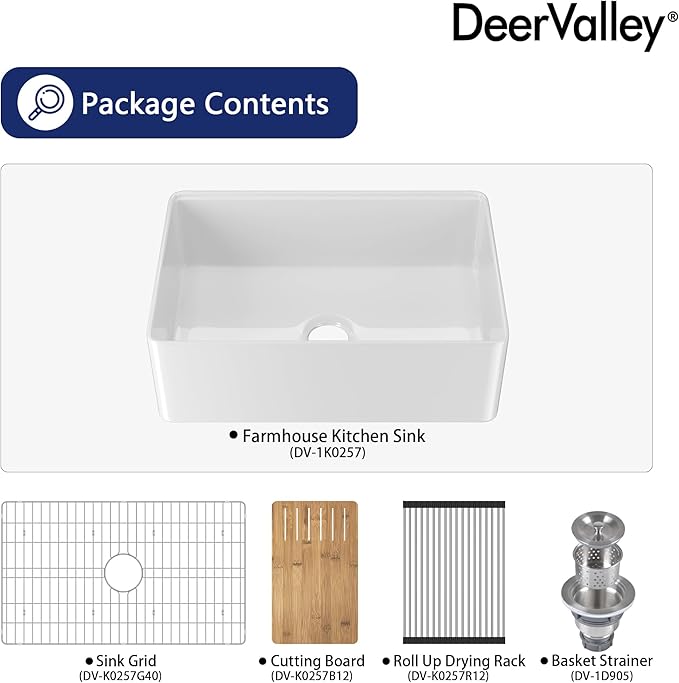 DeerValley Farmhouse Kitchen Sink Workstation 30 inch, White Fireclay Apron Front Farm Sinks, Single Bowl Deep Drop In Undermount Sink with Accessories