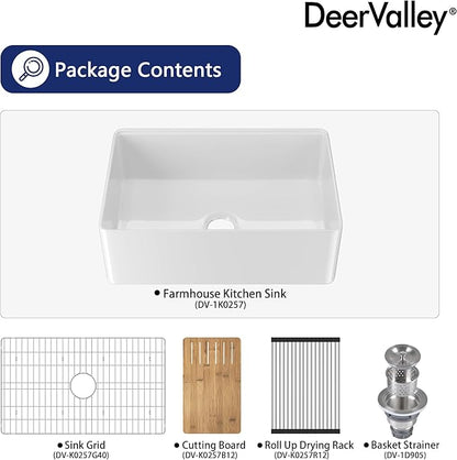 DeerValley Farmhouse Kitchen Sink Workstation 30 inch, White Fireclay Apron Front Farm Sinks, Single Bowl Deep Drop In Undermount Sink with Accessories
