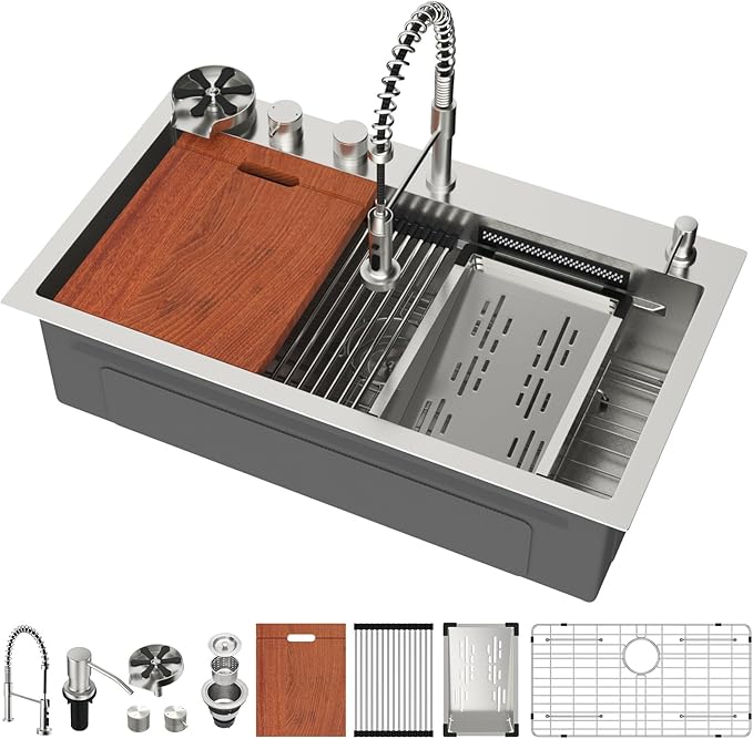 Mocoloo 33 Inch Honeycomb Waterfall Kitchen Sink Drop in, 33x19 Inch Stainless Steel Workstation Sink 16 Gauge Topmount Single Bowl Sink with Complete Kit