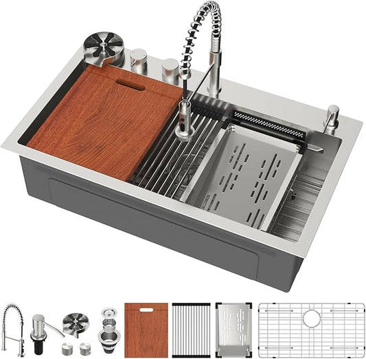 Mocoloo 33 Inch Honeycomb Waterfall Kitchen Sink Drop in, 33x19 Inch Stainless Steel Workstation Sink 16 Gauge Topmount Single Bowl Sink with Complete Kit
