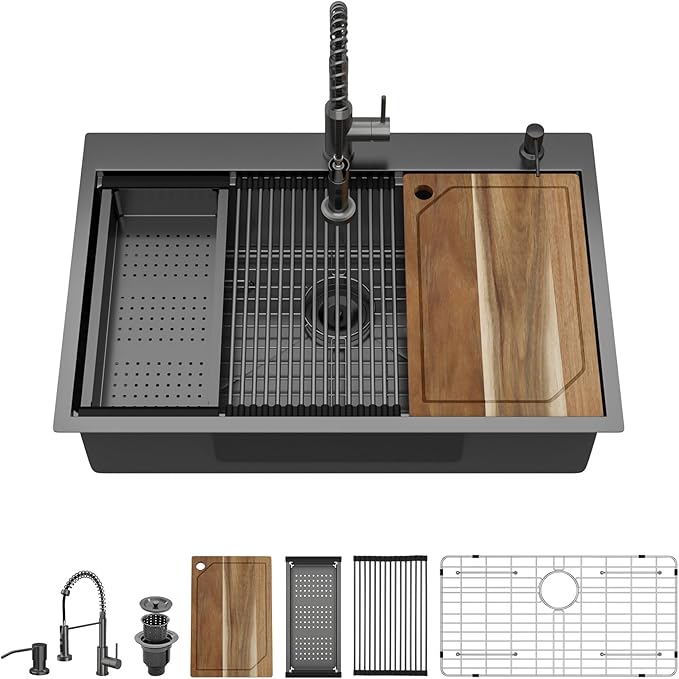 Drop In Kitchen Sink - 33x22 Drop In Gunmetal Black Kitchen Sink with Faucet Combo Workstation NANO-PVD 16 Gauge Stainless Steel Topmount Single Bowl Sinks Round Corners #TL-FDOE00097