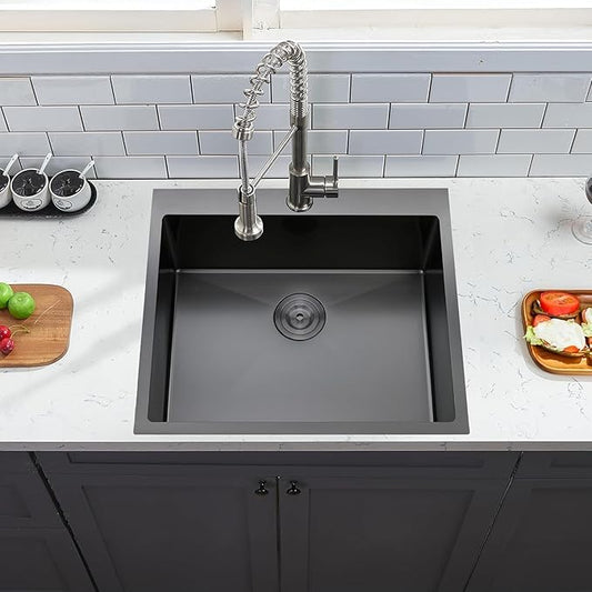 IKEBANA 25 Inch Black Drop In Kitchen Sink, 25 x 22 Inch 16 Gauge Single Bowl Stainless Steel Handmade Topmount Black Sink RV Bar Laundry Sinks