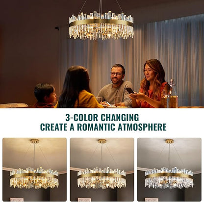 Siljoy 16-Light Modern Crystal Chandelier, 31.5'' Luxury Dimmable Brass Gold K9 Crystal Raindrop Chandelier Adjustable Hanging Crystal Ceiling Light for Dining Living Room Kitchen Island Entry Foyer