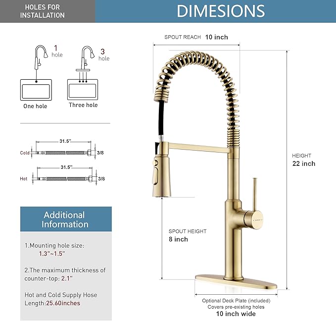 22‘’ Extra-Tall Brushed Gold Kitchen Sink Faucets, Commercial High Arc Single Handle Kitchen Faucets for Pull Down Sprayer Modern Spring with Deck Plate 22 inch