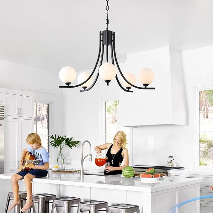 Modern Sputnik Chandelier for Dining Room Black Farmhouse Chandelier Glass Globe Dining Room Light Fixtures Mid Century White Glass Chandelier for Living Room Bedroom Kitchen Island Foyer