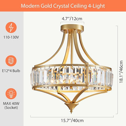 Modern Gold Crystal Chandelier 4 Lights Semi Flush Mount Ceiling Light Fixture E12 Base Farmhouse Mid Century Chandelier for Dining Room Bedroom Hallway Entryway Kitchen