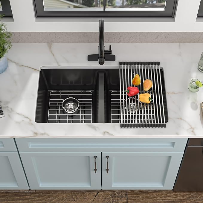 33 Granite Composite Kitchen Sink Double Bowl - Fulorni 33"×19" Granite Kitchen Sink Black Undermount Double Bowl 50/50 Matte Black Quartz Classic Composite Under Counter Sink Basin