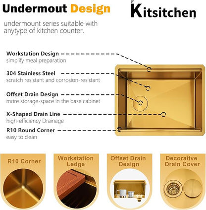 Kitsitchen Gold Undermount Kitchen Sink 23 Inch,16 Gauge Stainless Steel Single Bowl Undermount Sink,Workstation Kitchen Sinks with Accessories,Round Corner & Offset Drain Design (23" X 18"X 10")