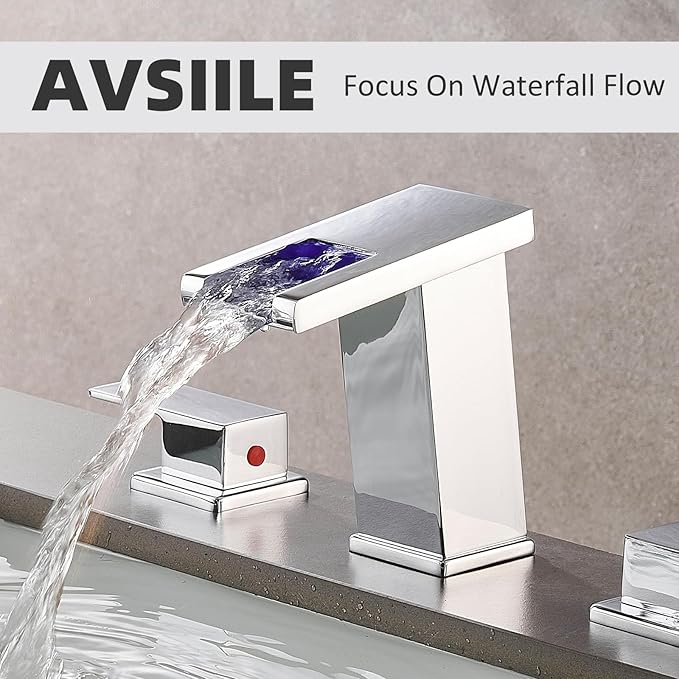 AVSIILE LED Bathroom Faucet 3 Hole, Chrome Waterfall Bathroom Faucets, 8 Inch Widespread Modern Bathroom Sink Faucet & Parts, Wide Spread Touch On Three Hole 2 Handle 3 Piece Bathroom Vanity Faucet