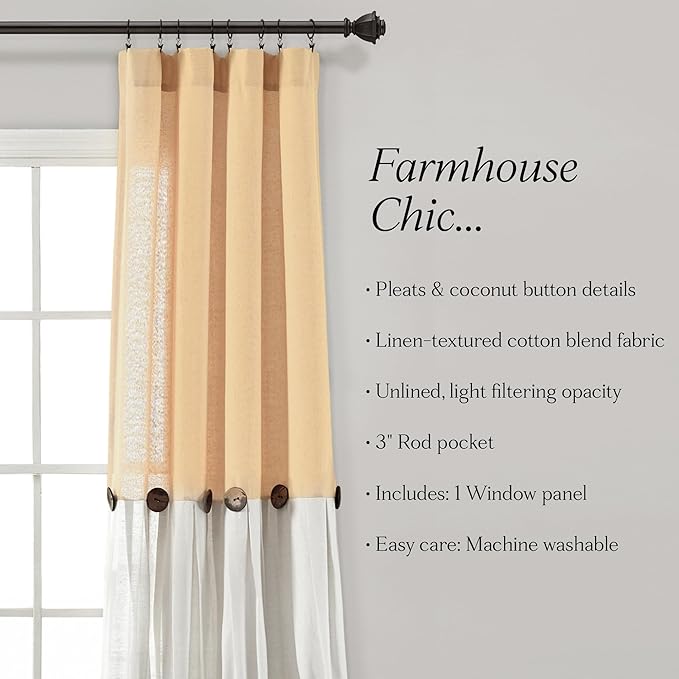 Lush Decor Linen Button Window Curtain Panel, Single, 40" W x 108" L, Yellow & White- Country Curtains - Rustic Decor - Color Block - Modern Farmhouse Curtains