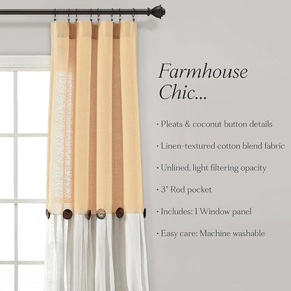 Lush Decor Linen Button Window Curtain Panel, Single, 40" W x 108" L, Yellow & White- Country Curtains - Rustic Decor - Color Block - Modern Farmhouse Curtains