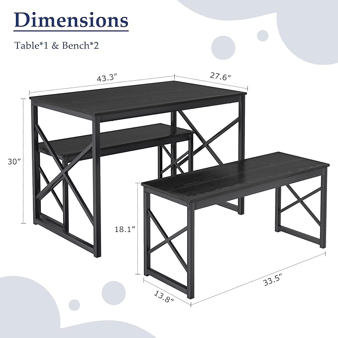 VECELO Kitchen Dining Table Benches Set for 4, 43.3" Wooden Dinette with 2 Benches, Heavy-Duty Dining Room Table for Small Space, Breakfast Nook, Black