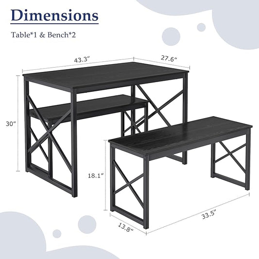 VECELO Kitchen Dining Table Benches Set for 4, 43.3" Wooden Dinette with 2 Benches, Heavy-Duty Dining Room Table for Small Space, Breakfast Nook, Black