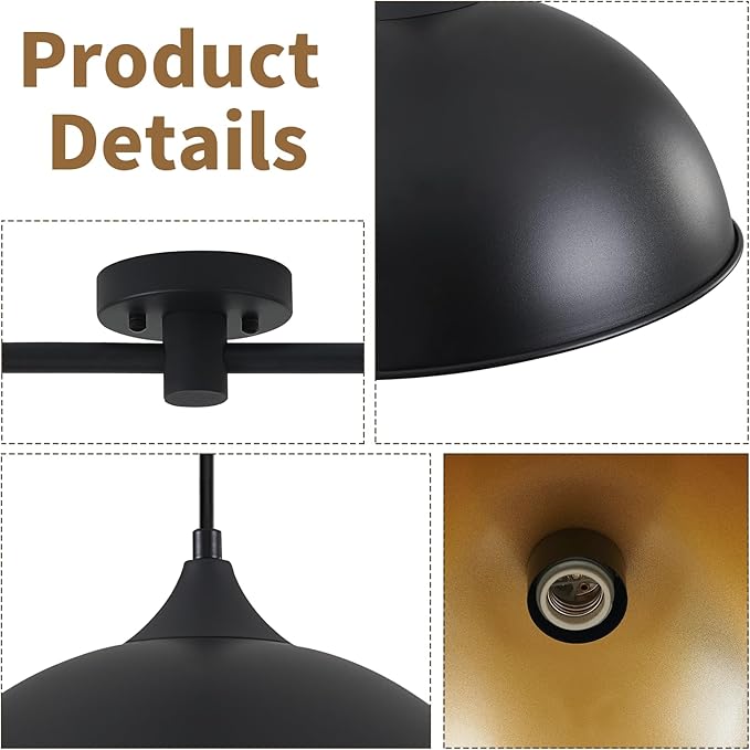 Pendant Lights Kitchen Island, 2-Pack Dome Pendant Light Black and Gold Light Fixtures Industrial Vintage Hanging Pendant Lighting for Farmhouse Dining Room Restaurant Cafe Entryway