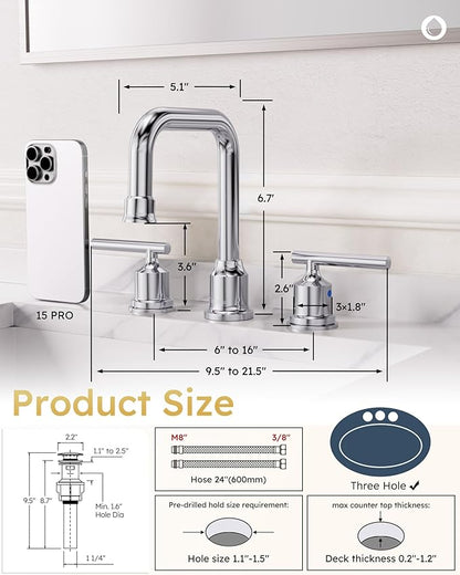 WOWOW Widespread Bathroom Faucet Chrome 8 inch Bathroom Sink Faucet Adjustable 3 Pieces Basin Faucets 360° Swivel Spout Modern Lavatory Faucet Vanity Faucets Water Supply Lines Quick Install Pipe